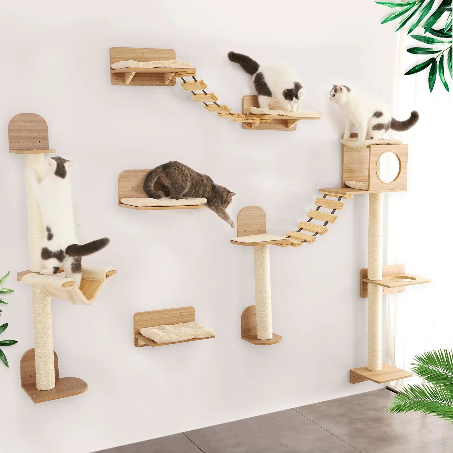 Wall-mounted cat climbing rope and wooden sisal scratching post by Showlu Fashion Store for cat enrichment and scratching.