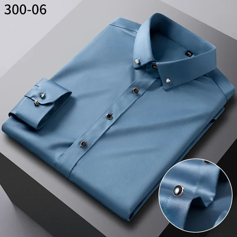Men's long sleeve silk shirt by Showlu Fashion, featuring diamond buttons, anti-wrinkle, soft, and stretch silky fabric for formal wear.