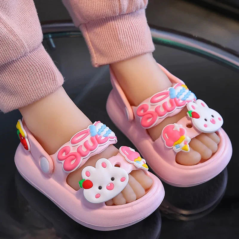 Kids cartoon rabbit sandals by Shijunyi featuring soft soles and non-slip design, perfect for beach and summer wear.