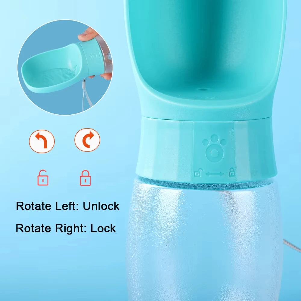Showlu portable dog water bottle with 300ml-500ml capacity, featuring a built-in drinking bowl for travel and outdoor pet hydration.