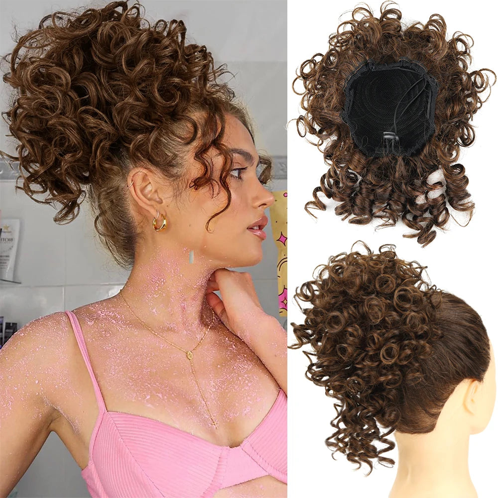 Synthetic Messy Bun Hair Piece 60g Elastic Drawstring Loose Wave Curly Hair Buns Hair Piece Extensions For Women Dark Brown