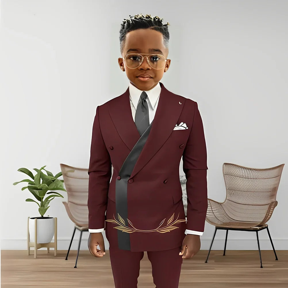 Boy's double-breasted blazer and tuxedo pants set, stylish kids wedding suit by Showlu Fashion for ages 2-16 years.