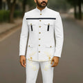 Showlu Fashion men's white single-breasted suit jacket and pants, stand collar, elegant groom wedding and business attire.