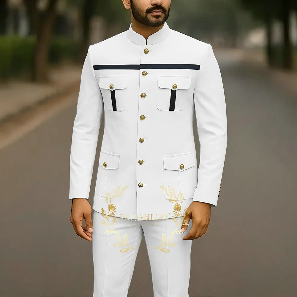 Showlu Fashion men's white single-breasted suit jacket and pants, stand collar, elegant groom wedding and business attire.
