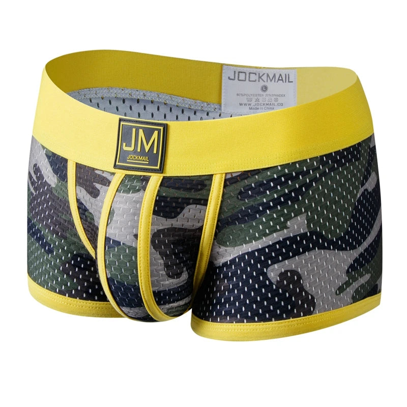 Men's mesh camouflage boxer briefs by JOCKMAIL, featuring nylon pouch underwear designed for comfort and breathability.
