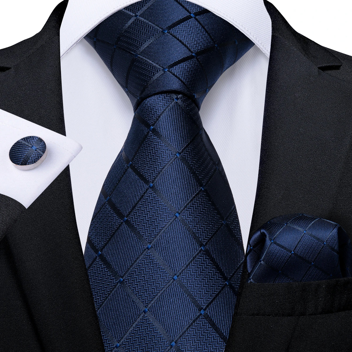 New Classic 100% Silk Men's Ties 8cm Blue Plaid Dot Striped Business Necktie Handkerchief Wedding Party Tie Set Gravatas DiBanGu
