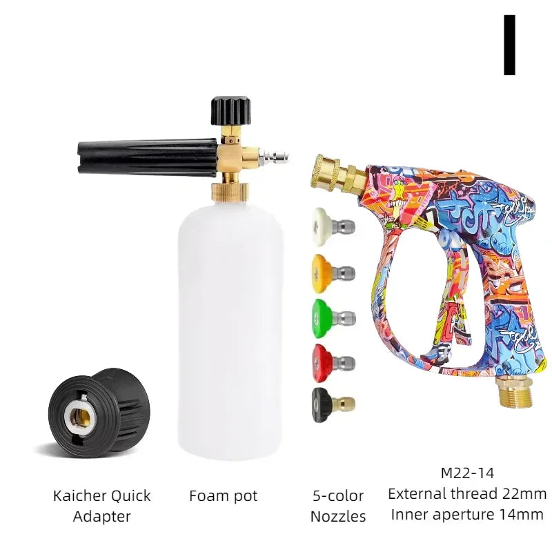 Showlu Smart General pressure washer foam gun attached to a garden hose, ready for cleaning with thick foam spray.