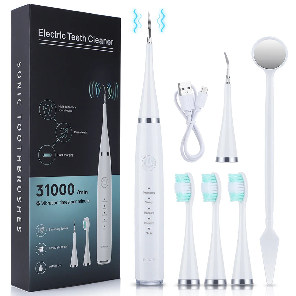 Showlu Smart General electric dental scaler and oral irrigator, USB rechargeable teeth cleaner with water jet and cleaning tips.