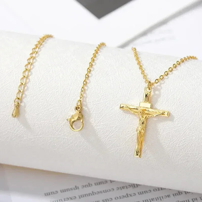 Unisex 18K gold plated cross necklace with religious pendant, hypoallergenic church jewelry on a chain, non-fading and elegant.
