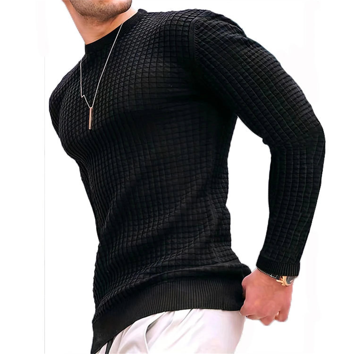 Men's fashion check waffle hoodie with round neck, jacquard check pattern, in a small check design, by Showlu Fashion Store.