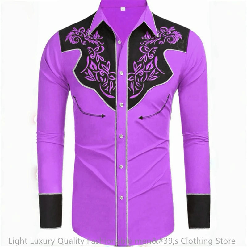 Long-sleeved men's retro denim shirt in multiple colors, loose fit, soft fabric, casual western style, big size from Showlu Fashion Store.