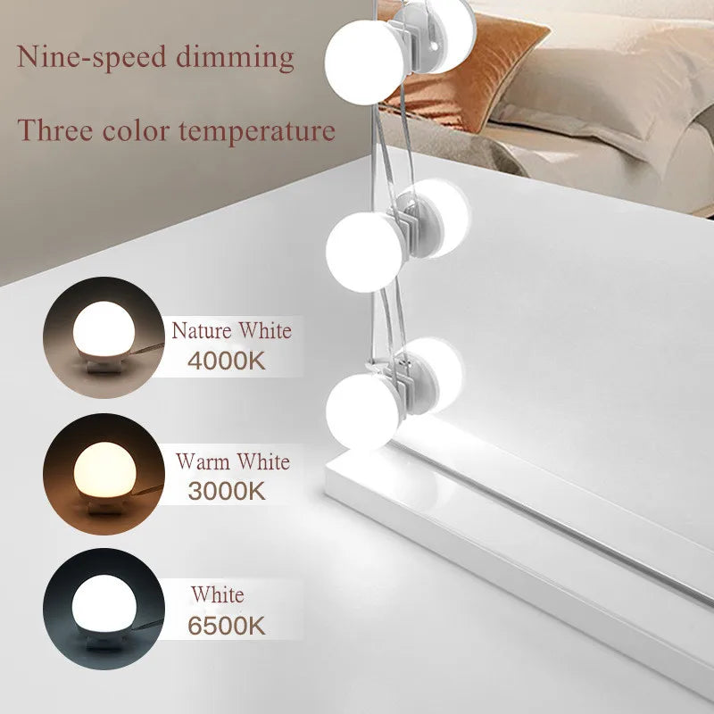 Digitaling LED vanity mirror lights with dimmable 12V USB makeup bulbs, shown in a modern bathroom setting.