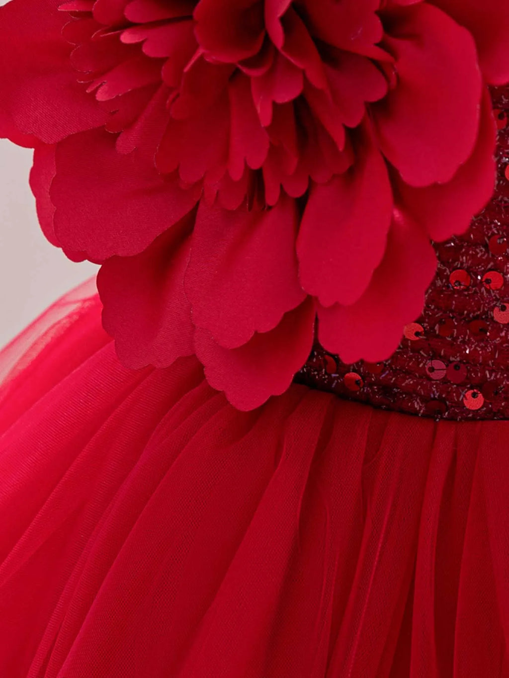 Red single shoulder baby girl's birthday party dress with sparkling flying sleeve for toddlers 0-6 years, by Showlu Fashion Store.