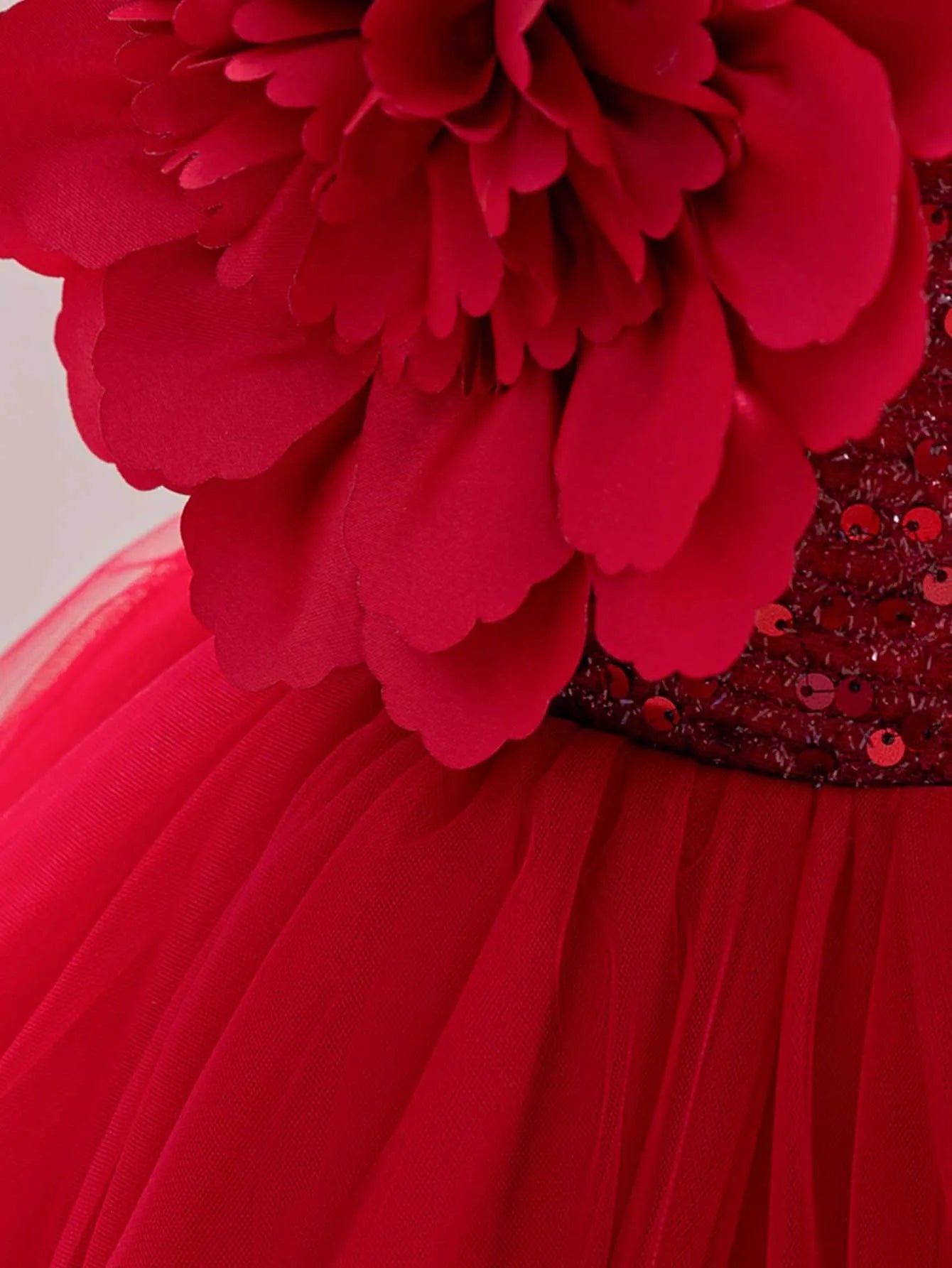 Red single shoulder baby girl's birthday party dress with sparkling flying sleeve for toddlers 0-6 years, by Showlu Fashion Store.