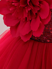 New Red Single Shoulder Sparkling Flying Sleeve Baby's Birthday Party Dress 0-6 Year Old Girl Pageant Dresses for Toddler Girls