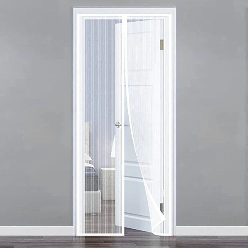 Magnetic mesh door curtain by Showlu Smart General with self-adhesive mosquito screen, featuring a black mesh design for insect protection.