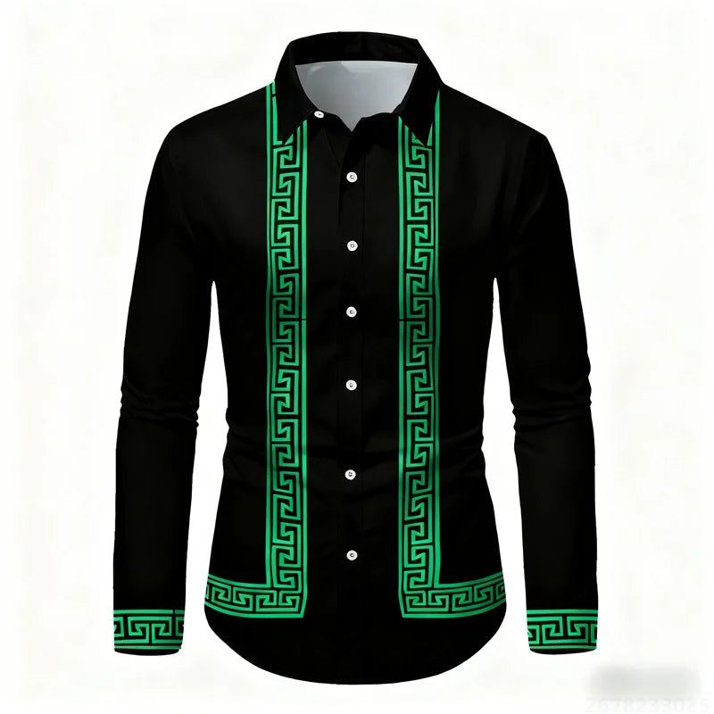 Men's retro geometric print long-sleeve shirt in black and white, slim fit, stylish casual top from Showlu Fashion Store