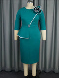 Elegant business casual women's long sleeve fitted dress with 3D floral color block design and pencil skirt style by Showlu Fashion