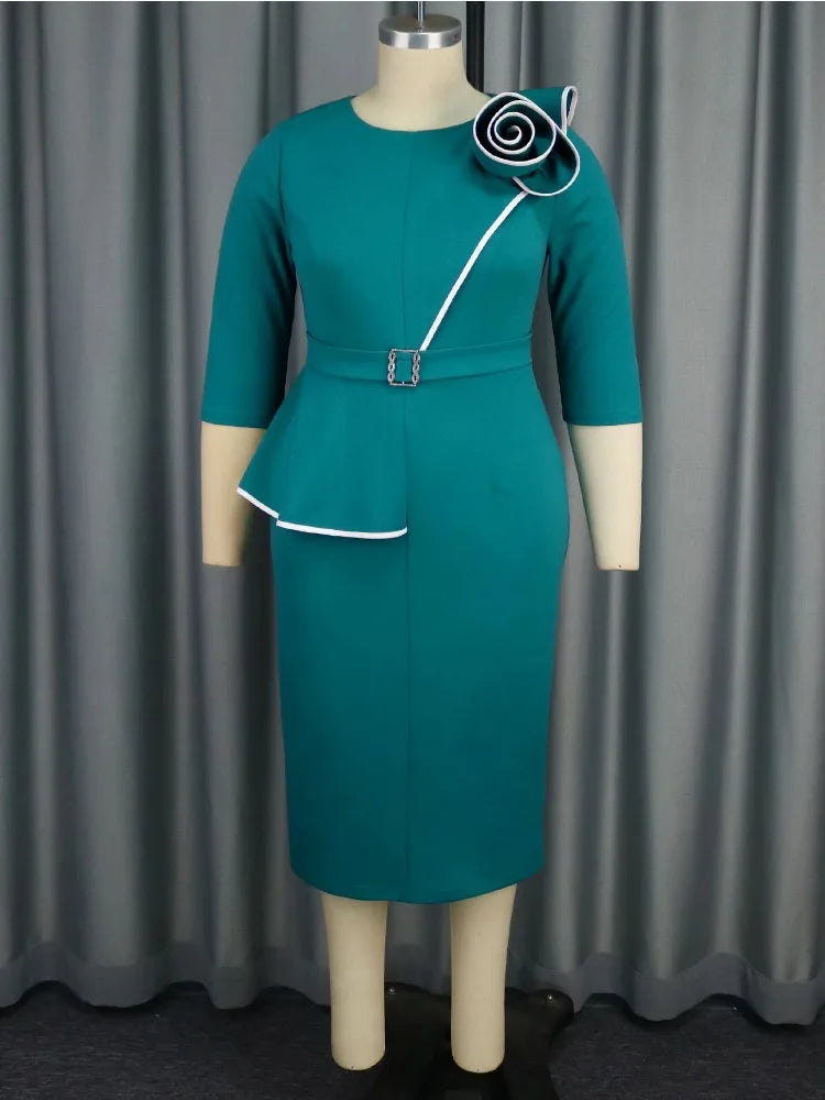 Elegant business casual women's long sleeve fitted dress with 3D floral color block design and pencil skirt style by Showlu Fashion