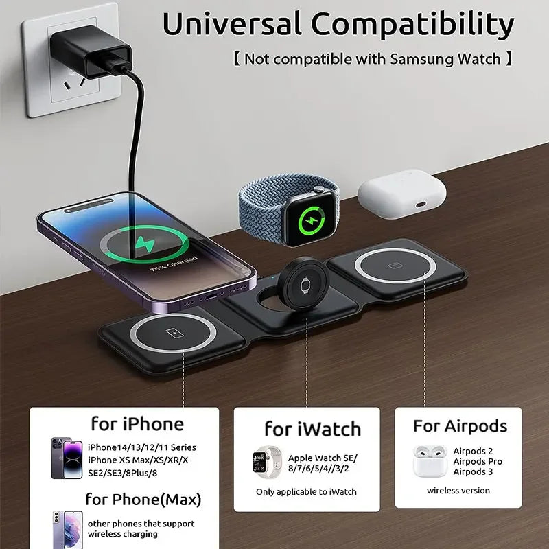 Showlu Smart General 3-in-1 wireless charging station with space for phone, smartwatch, and earbuds on sleek surface.