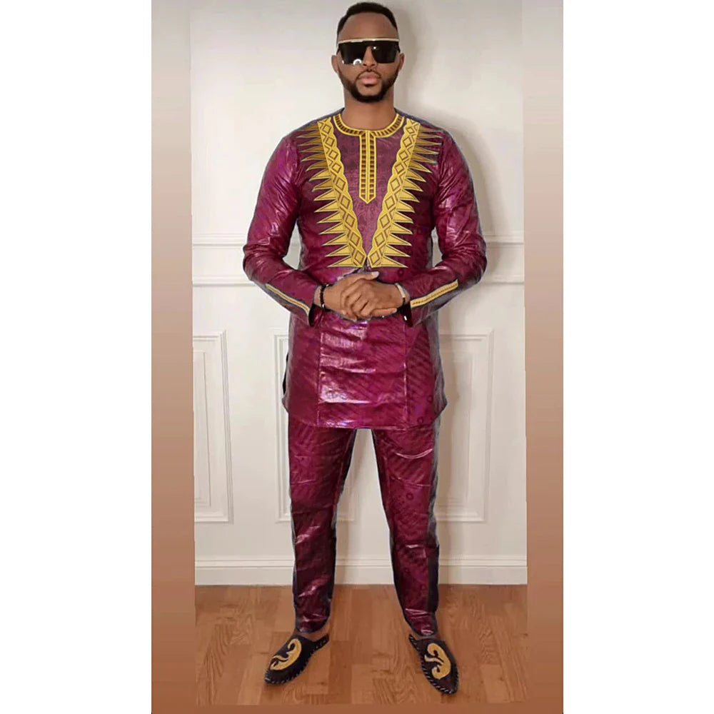 H&D Men's African Dashiki 2-Piece Set with cotton embroidery bazin suit, featuring vibrant traditional African design and craftsmanship.