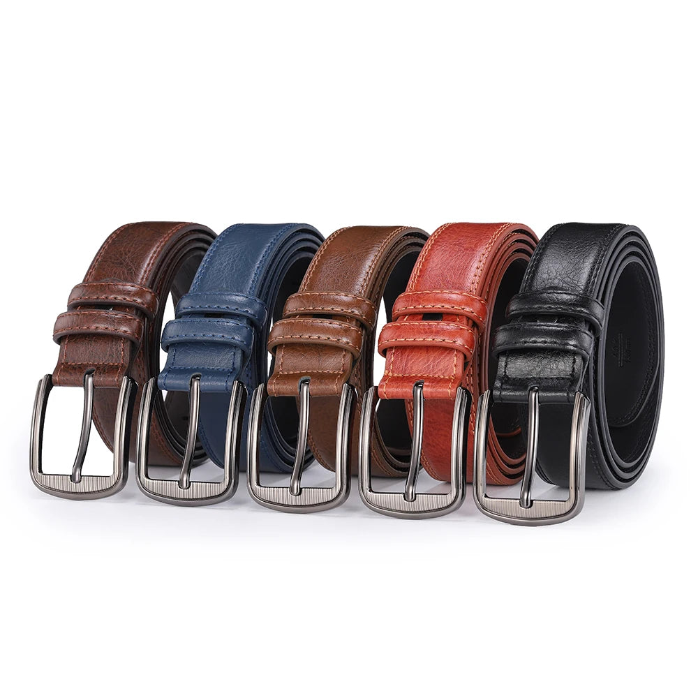 Showlu men's split leather belt with casual cowhide design and pin buckle, featuring a durable and stylish accessory for everyday wear.
