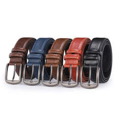 Five men's leather pin buckle belts in brown, blue, tan, red, and black arranged in a row.