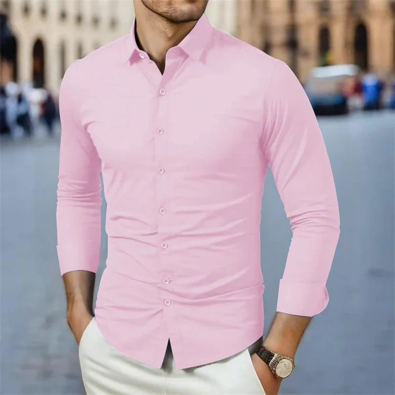 Men's long sleeve solid color business casual shirt by Showlu Fashion, wrinkle-resistant, comfortable, versatile for all seasons.