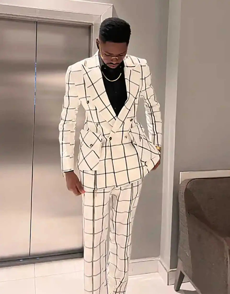 Men's double-breasted check tuxedo by SHOWLU FASHION STORE, stylish 2-piece suit set with tailored fit and classic design.