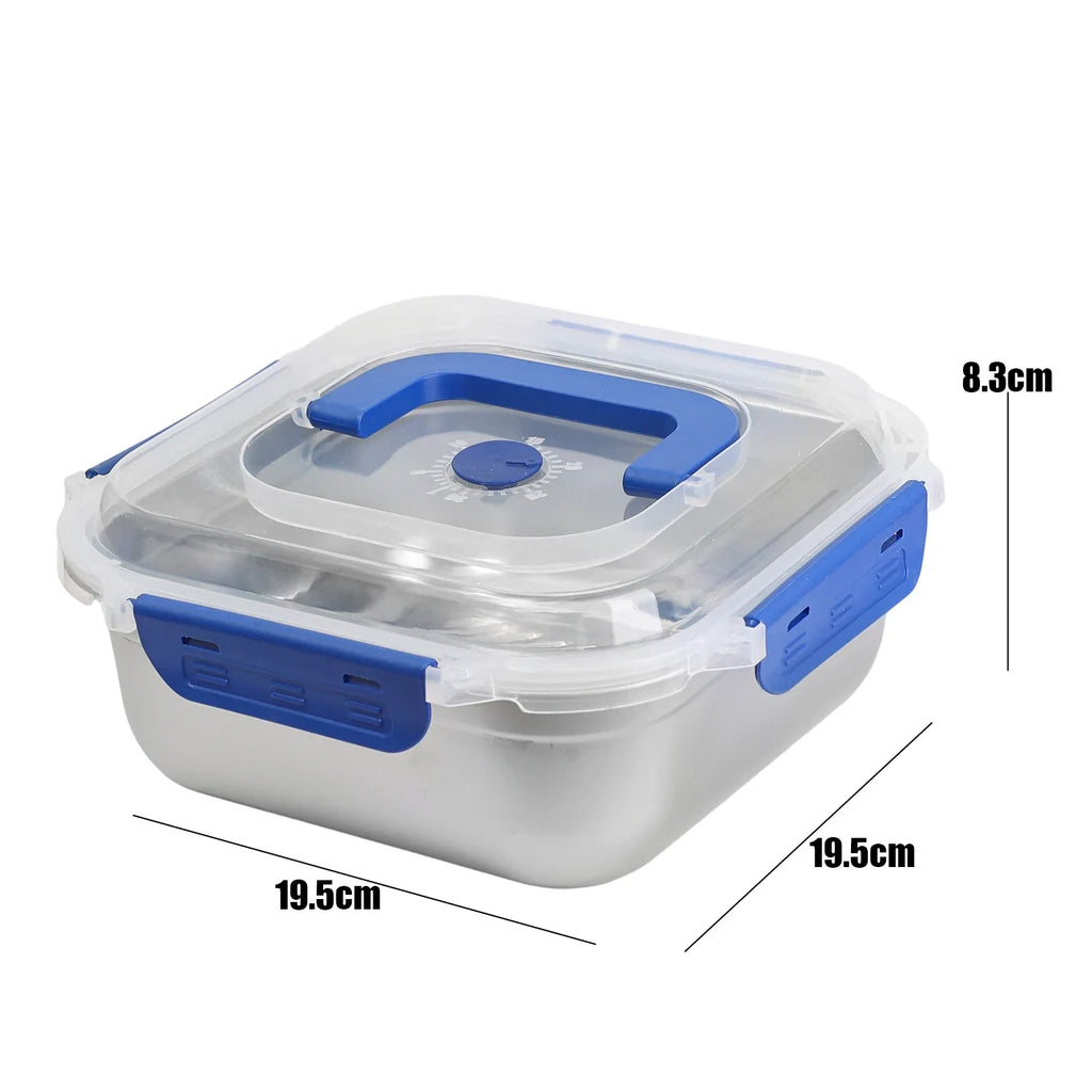 Stainless steel portable fresh-keeping box for camping, with sealed lid for storing noodles, fruit, and lunch items in the kitchen.