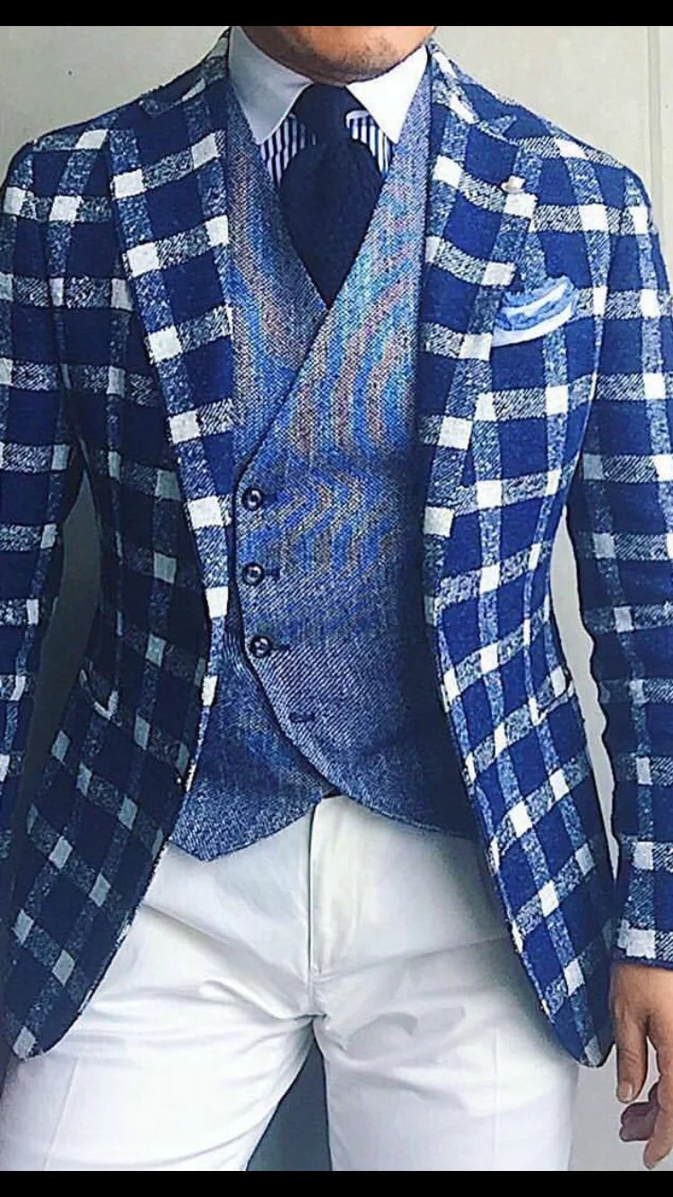 Blue Plaid Men's Wedding Suits High Quality Tuxedos Classic 3 Pieces Groom Wear Work Formal Clothing For Male Costard Homme