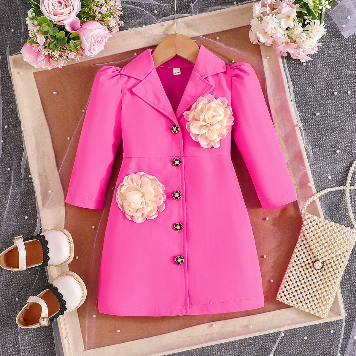 Girls blazer dress by Showlu Fashion Store, elegant long sleeve flower party gown with stylish design and vibrant floral pattern.