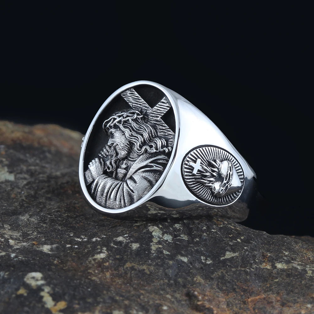Sterling silver Jesus cross ring by Showlu Fashion, featuring a detailed religious Christian design on a sleek band.