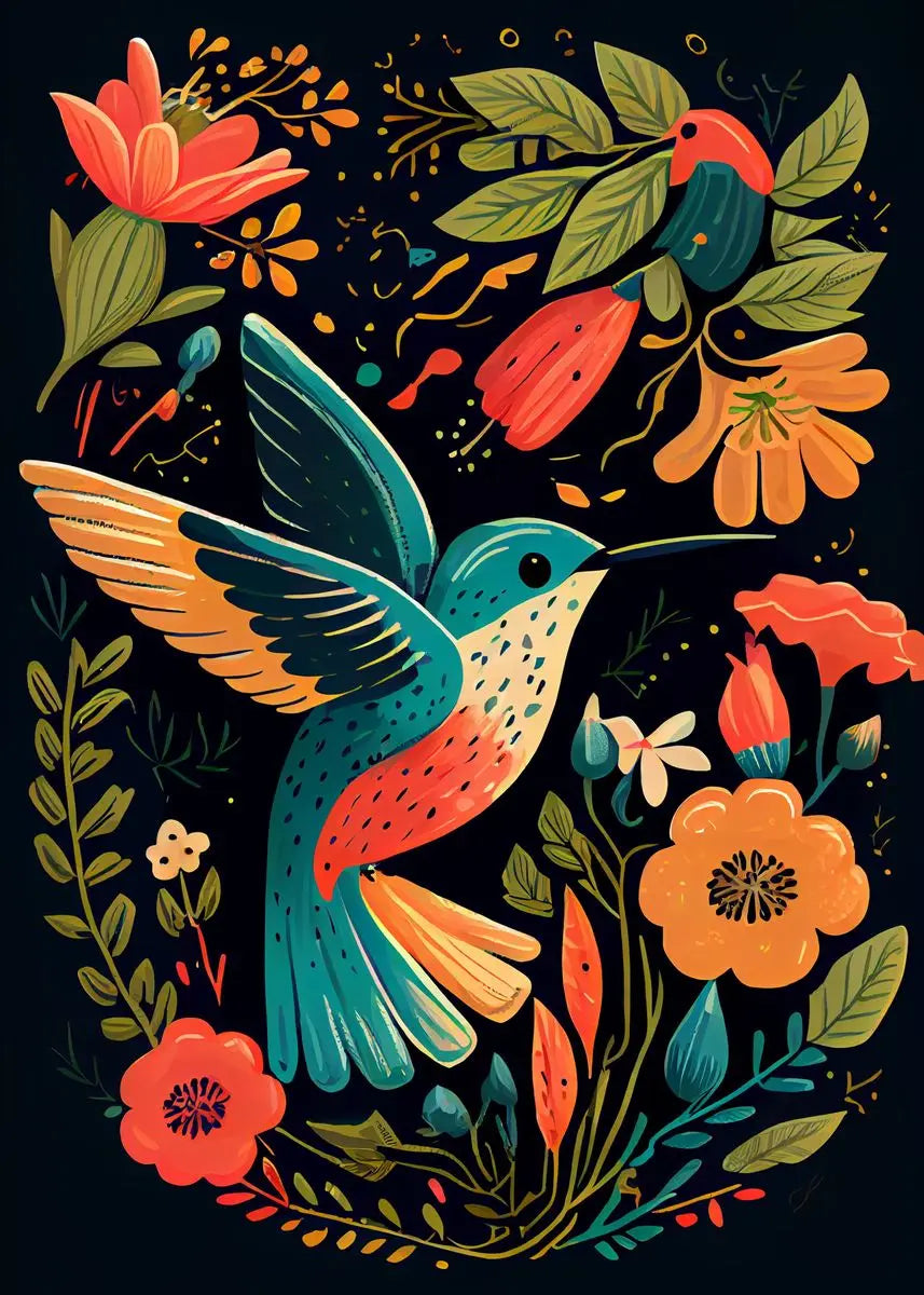Colorful watercolor hummingbird and flower wall art canvas painting for living room decor, vibrant nature-themed home poster