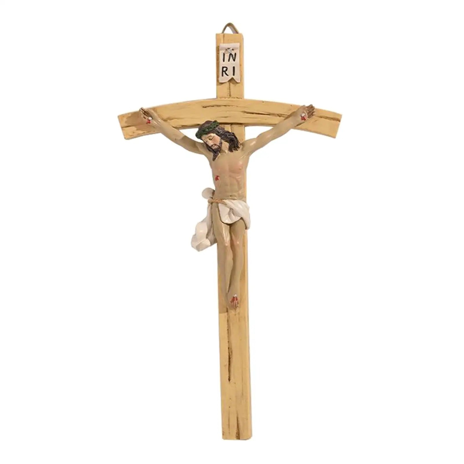 8.7-inch vintage-style wood resin Christ INRI wall cross crucifix with hand-painted, hand-carved religious Catholic design.