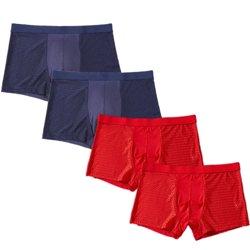 Showlu Men's Ice Silk Boxer Briefs in 4-pack, breathable mesh underwear with a snug fit and comfortable design.