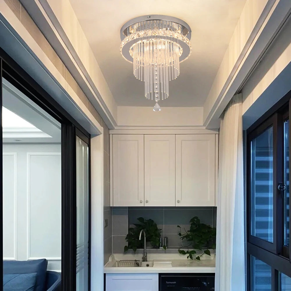 Modern VETRULUS rain drop crystal chandelier with LED ceiling light, featuring elegant hanging crystals and a sleek design.
