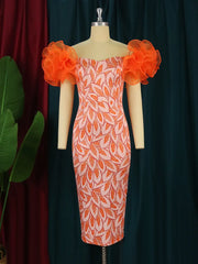 Birthday Dress For Women Party Evening Dress Mesh Sleeves Patchwork Print Wrap Hip Fashion Summer Dresses 2024 MIDI Prom Dress