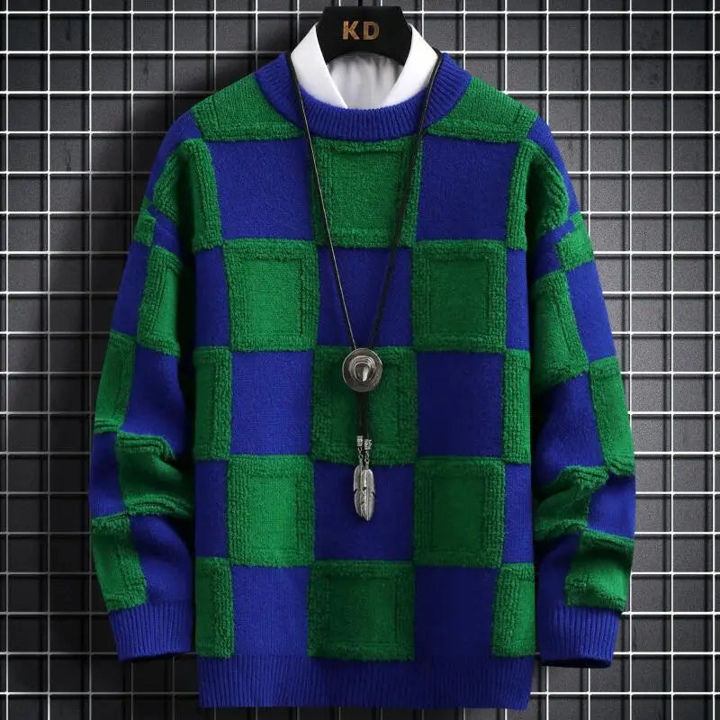 High-quality men's plaid cashmere pullover sweater from Showlu Fashion Store, thick, warm, ideal for fall and winter.