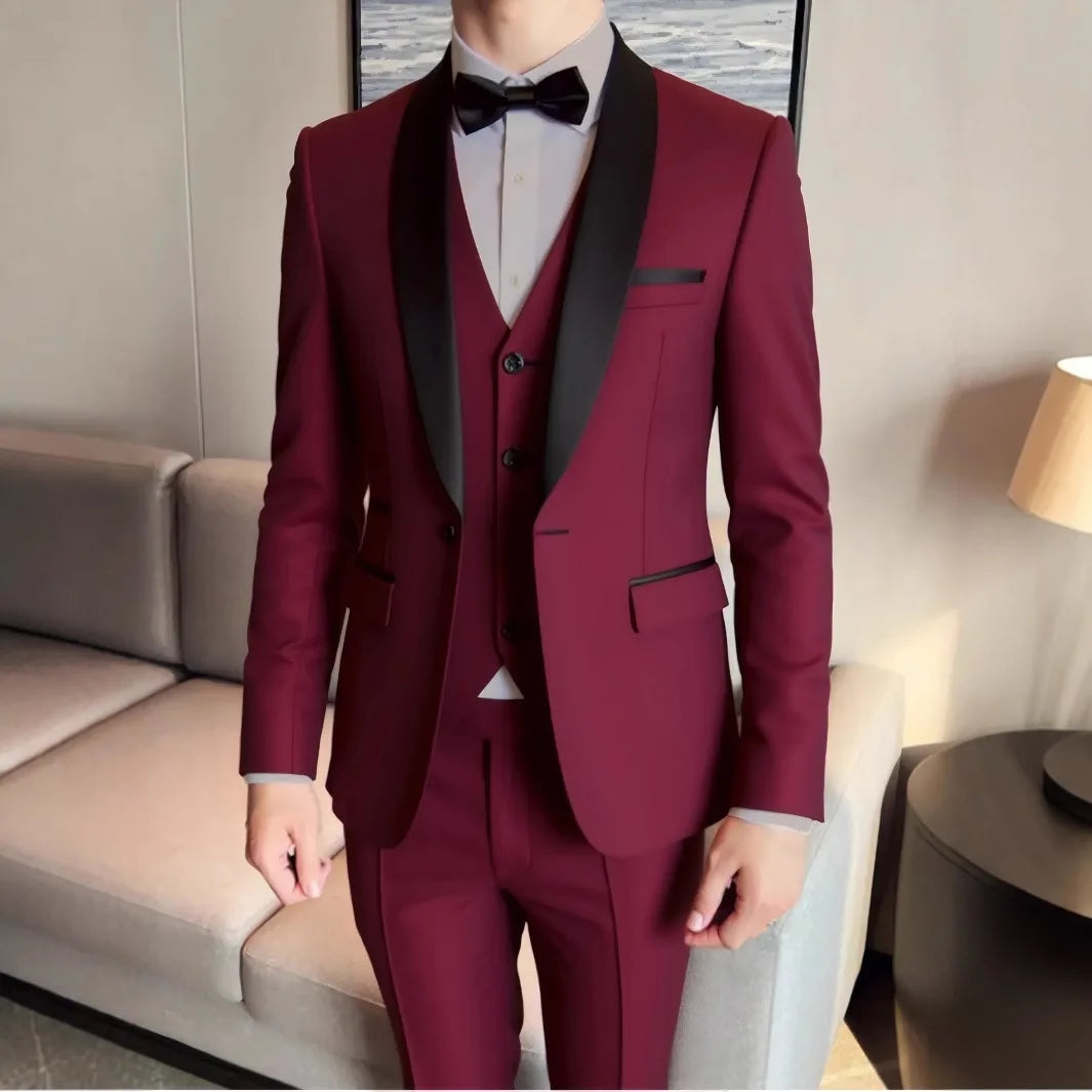 Men's 3-piece suit jacket, vest, and trousers set in high-quality formal and casual style for business or wedding wear.