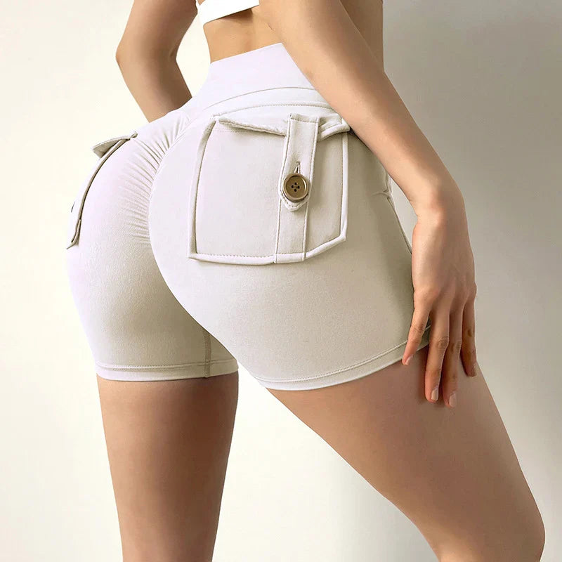 SANWOOD women's high waist peach butt lifting yoga shorts with pockets, black athletic shorts for active wear and fitness.
