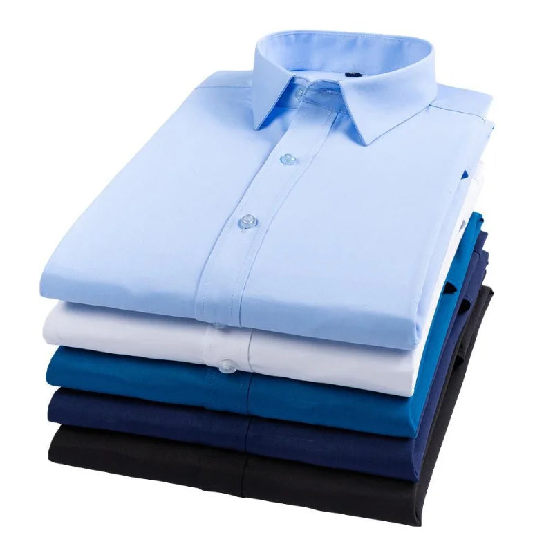 White bamboo fiber men's long sleeve dress shirt by Showlu Fashion, featuring a professional fit, soft stretch, and formal style in 8XL