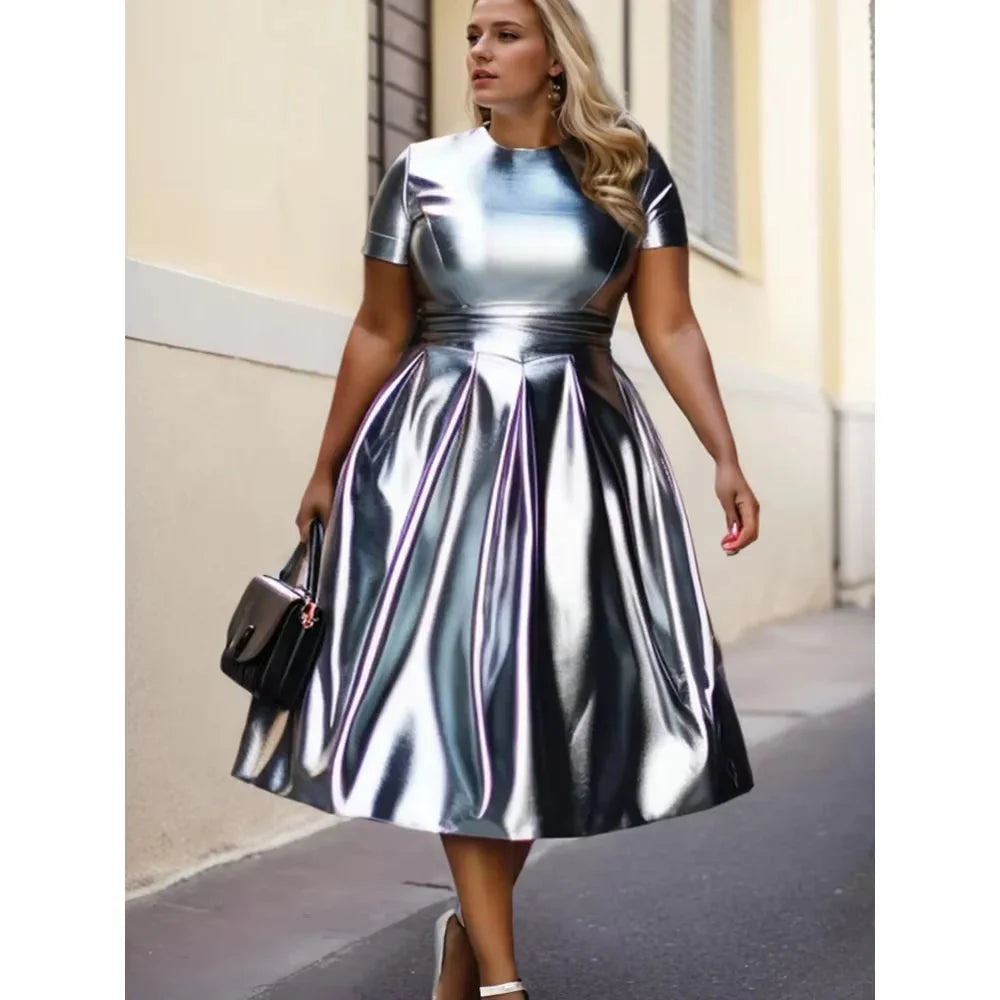 SHOWLU Women's plus size metallic glitter A-line midi dress for party, featuring a shiny, elegant design with a flattering fit.