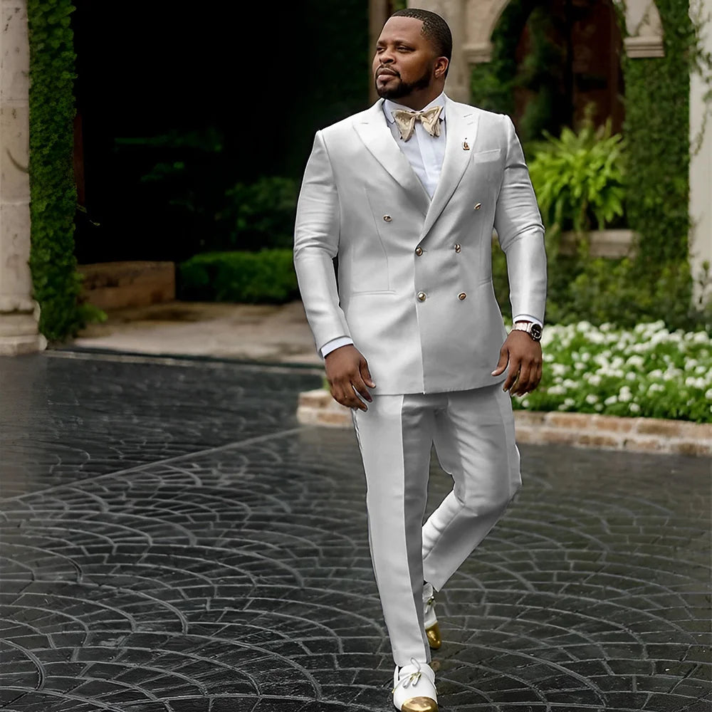 Showlu men's white satin tuxedo, double-breasted 2-piece wedding suit, formal attire with satin finish and tailored fit.