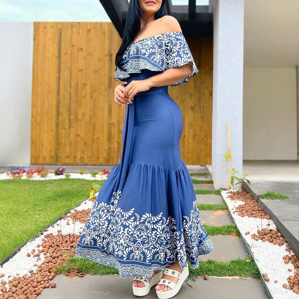 SHOWLU Women's off-shoulder print slim maxi dress for fall 2024, featuring a stylish off-shoulder design and floral print.