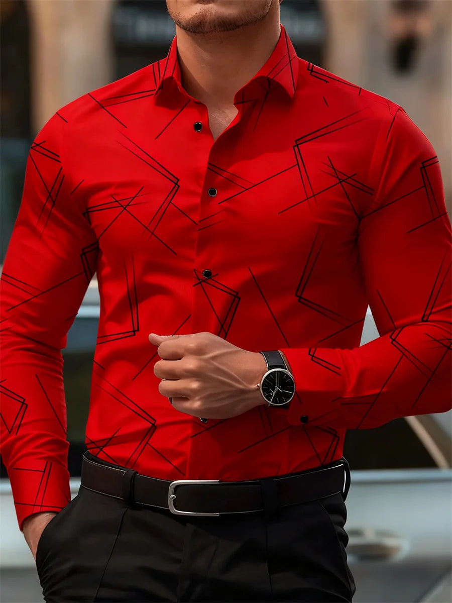 Men's slim fit long-sleeved shirt with geometric line print, perfect for business casual and versatile ins style by Showlu Fashion Store.