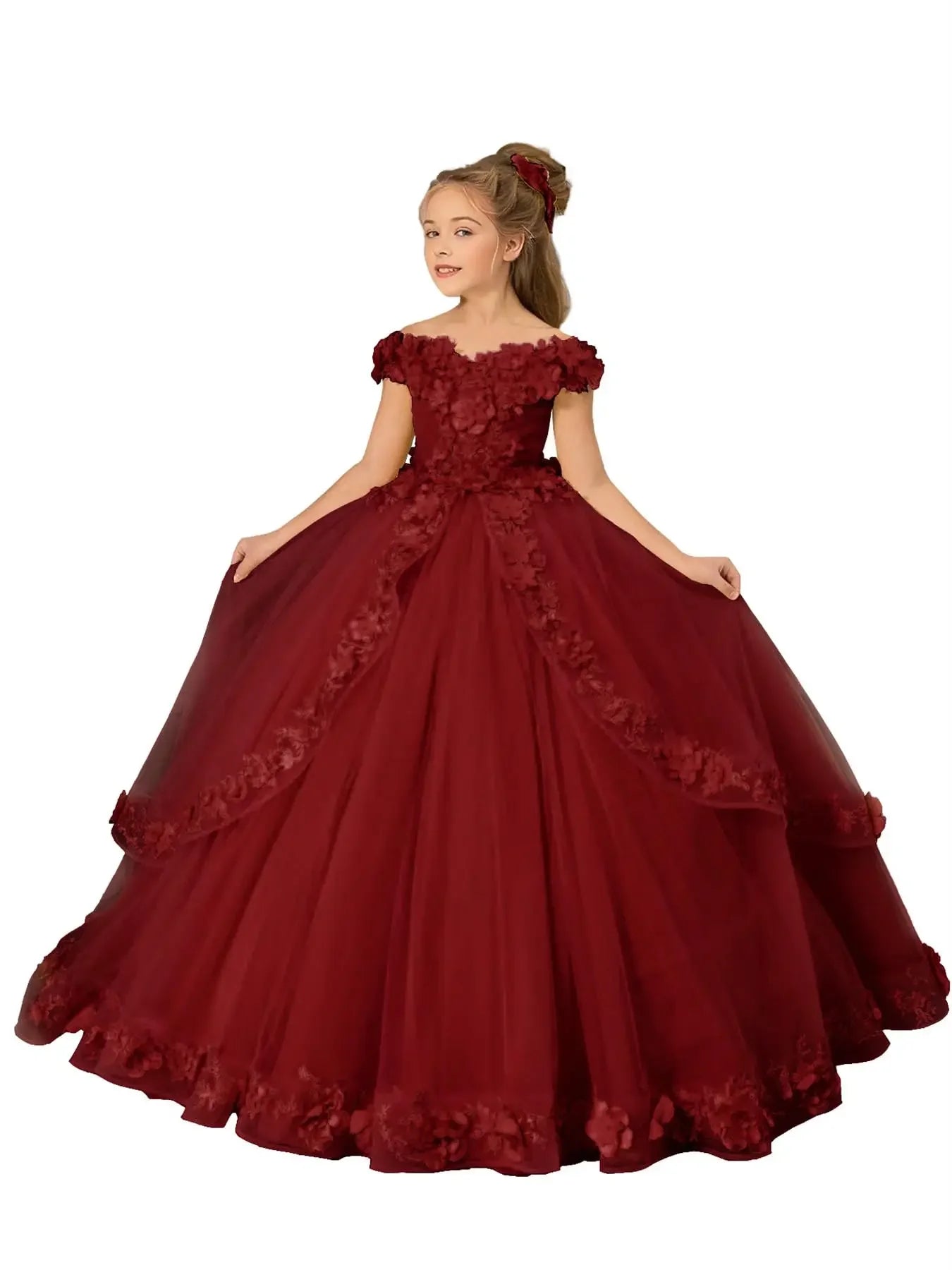 Yellow flower girl dress by Showlu Fashion with beading, appliqué details, suitable for pageants, birthdays, and first communions for girls.