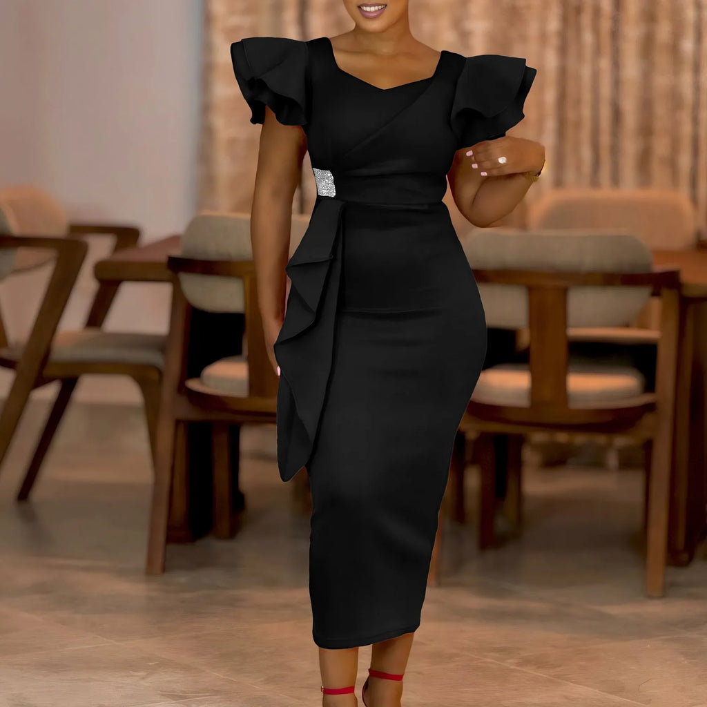 Elegant African style wrap dress with pure color and lace trim, featuring a fashionable transoceanic design by Showlu Fashion Store.
