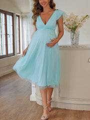 ItsRoya Double Layer Solid Mesh Maternity Dress V Neck Backless Ruffle Photography Props Dresses Loose Pregnant Women Clothing