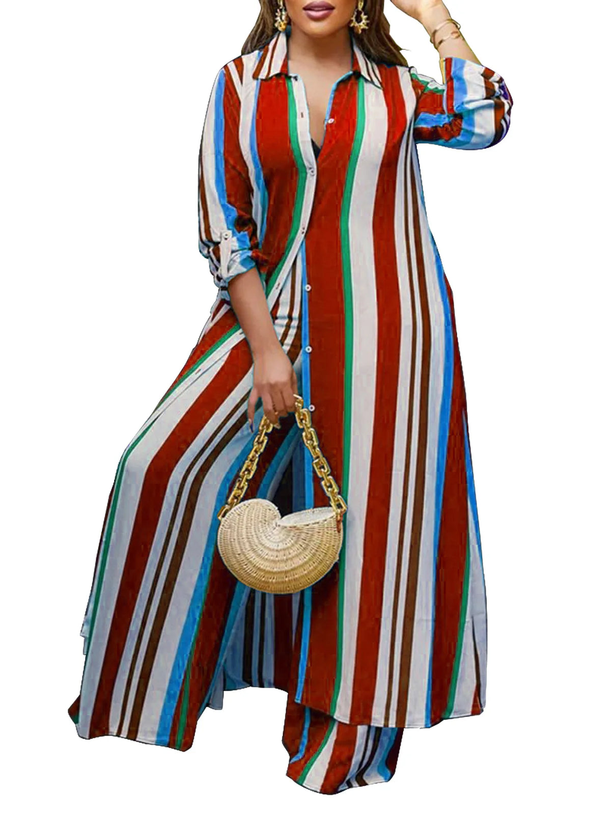 Autumn Spring African Women Long Sleeve V-neck Polyester 2 Piece Top Long Pant Matching Sets XL-5XL African Clothes Women